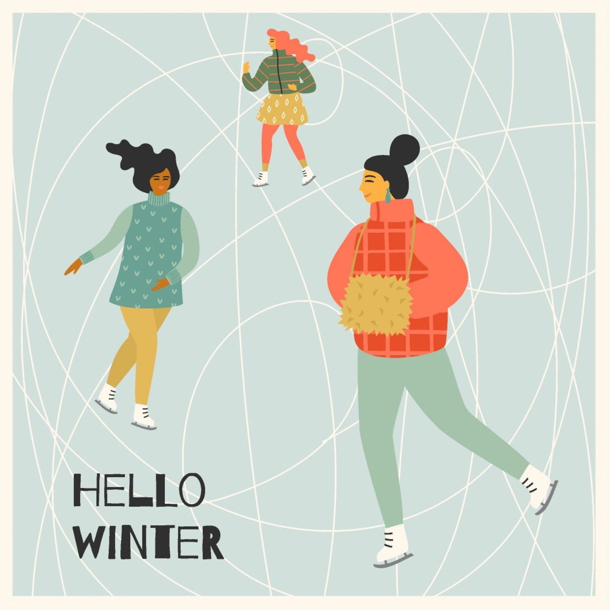 Cartoon julekort - 10pk. Motivet på julekortet er av tre damer som går på skøyter. Tekst på kortet "hello winter"