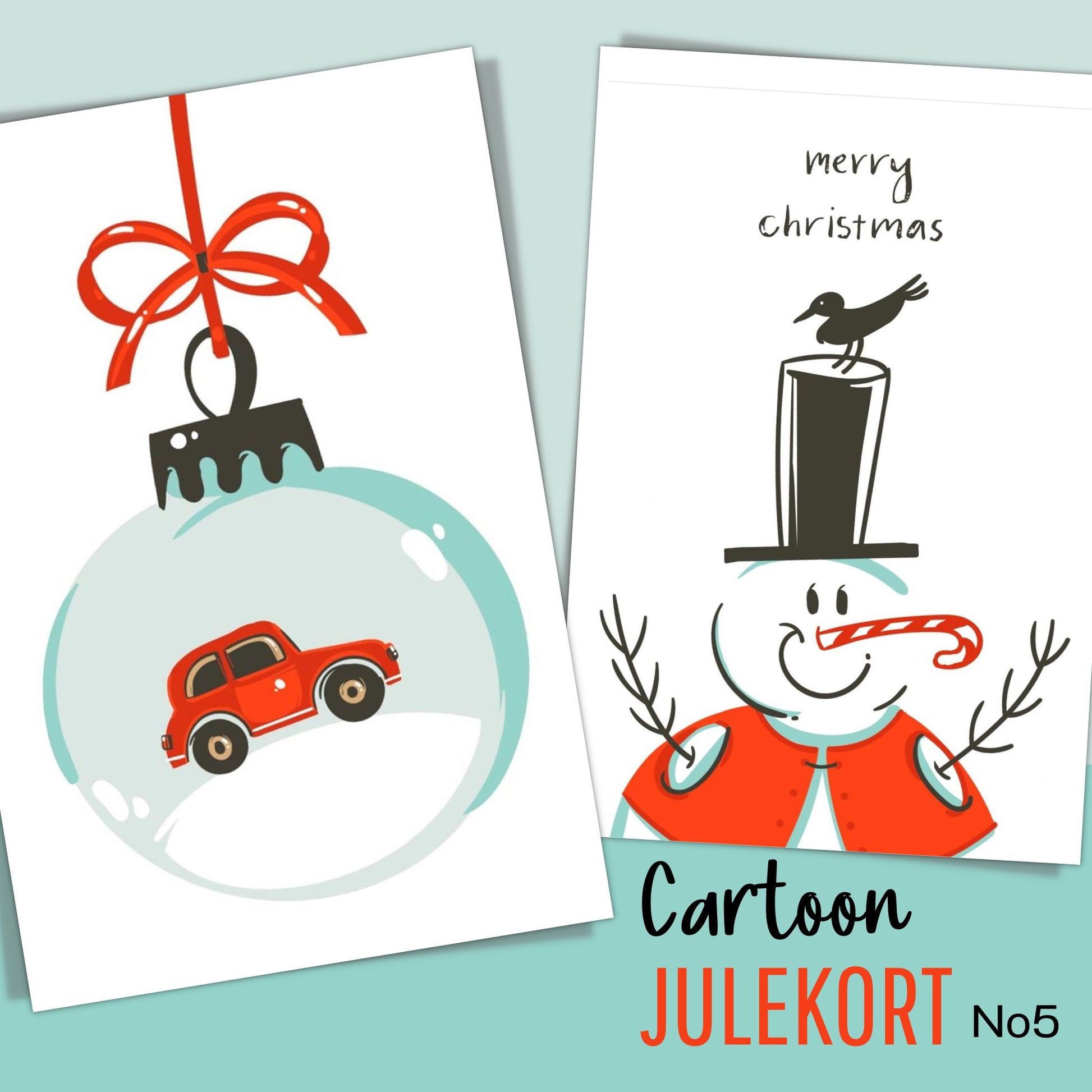 Minimalistiske cartoon julekort tegnet for hånd. Pakke med 10 ulike kort.