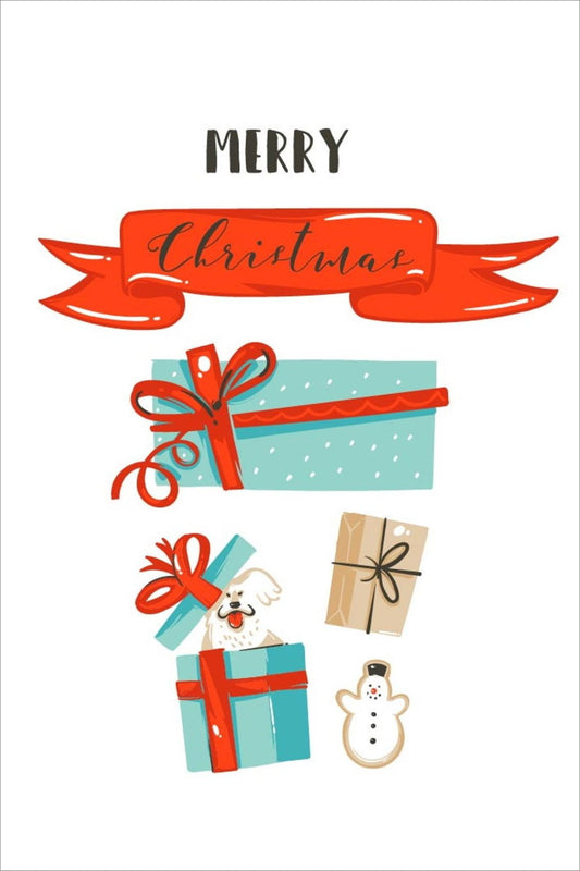 Minimalistiske cartoon julekort tegnet for hånd.  Motiv av e pakke med en hund og med tekst "merry christmas" 