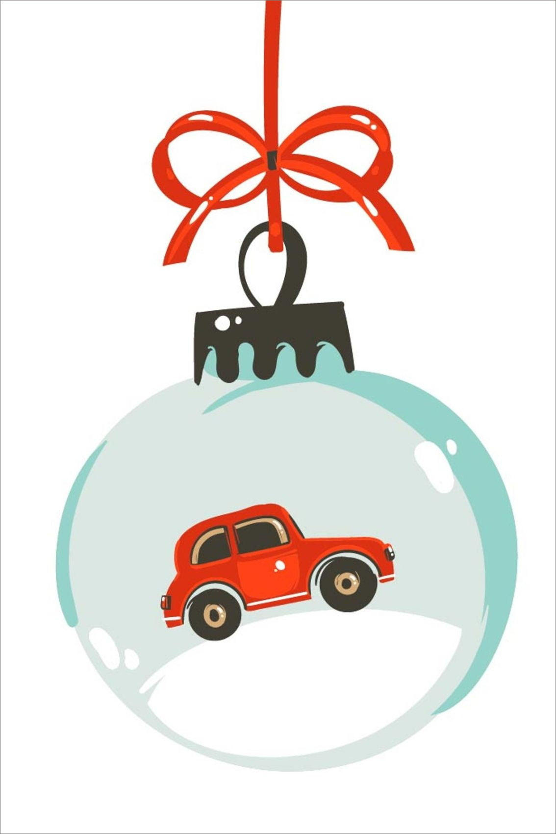 Minimalistiske cartoon julekort tegnet for hånd. Motiv av en julekule med en bil.