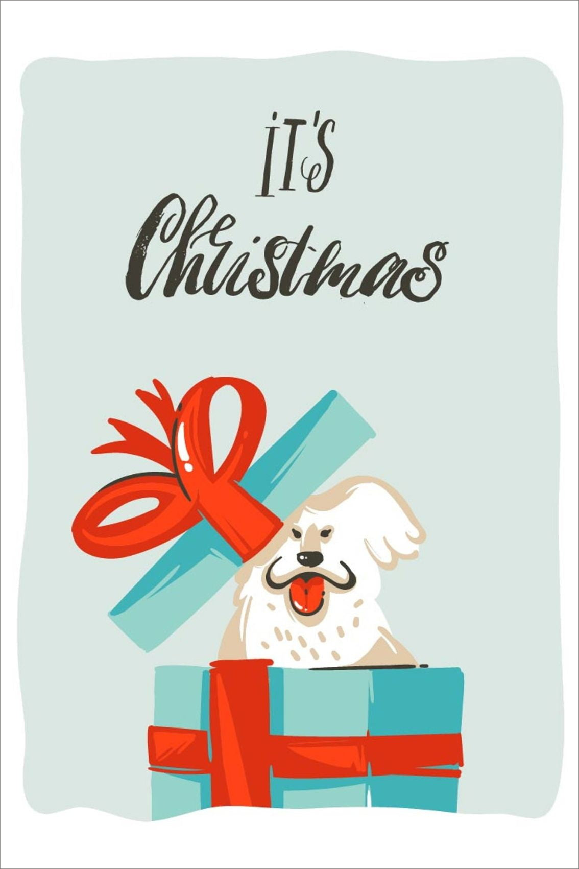 Minimalistiske cartoon julekort tegnet for hånd. Motiv av en hund i en julepakke.