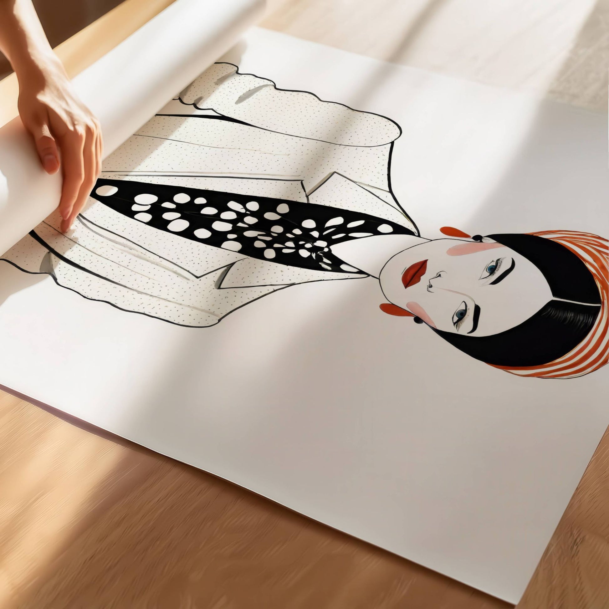 Gi hjemmet ditt en sofistikert og moderne touch med Chic Elegance, en elegant moteportrett-plakat som kombinerer stil, selvtillit og kunstnerisk finesse. Illustrasjon viser plakat på print.