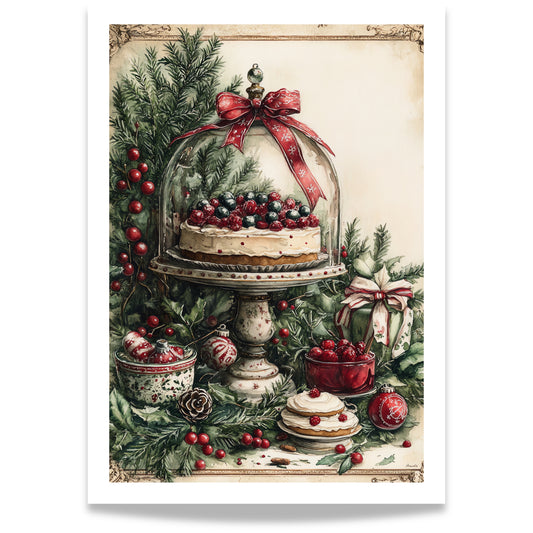 Et rikt og detaljert motiv av et vakkert julebord med kake, bær, granbar og ornamenter under en glassklokke.