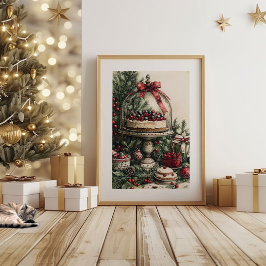 Et rikt og detaljert motiv av et vakkert julebord med kake, bær, granbar og ornamenter under en glassklokke. Illustrasjon viser plakat med passepartout i ramme.