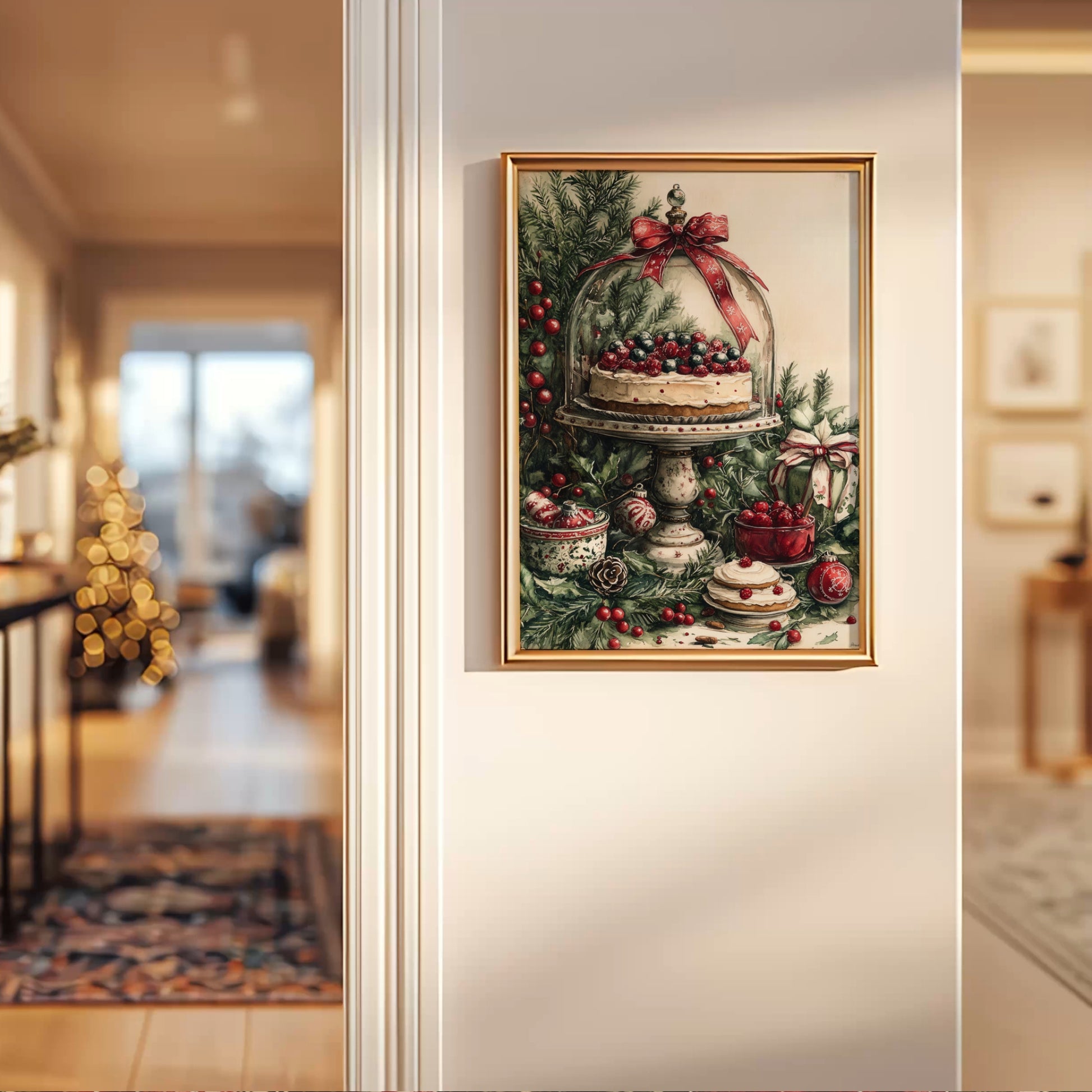 Et rikt og detaljert motiv av et vakkert julebord med kake, bær, granbar og ornamenter under en glassklokke. Illustrasjon viser plakat uten hvit kantlinje i ramme.