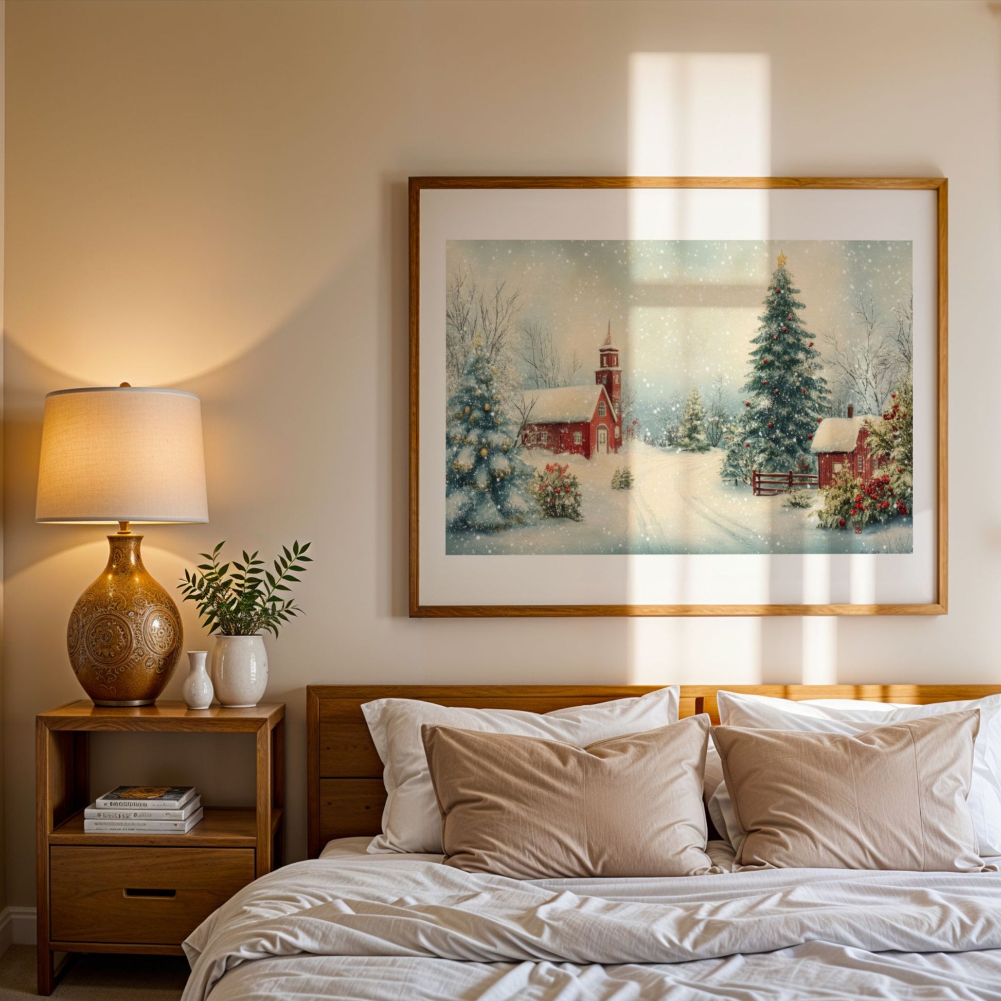 Et stemningsfullt julemotiv med den klassiske røde landsbykirken, omkranset av snødekte grantrær og gyllent lys. Illustrasjonen viser motivet som plakat med passepartout i eik ramme.