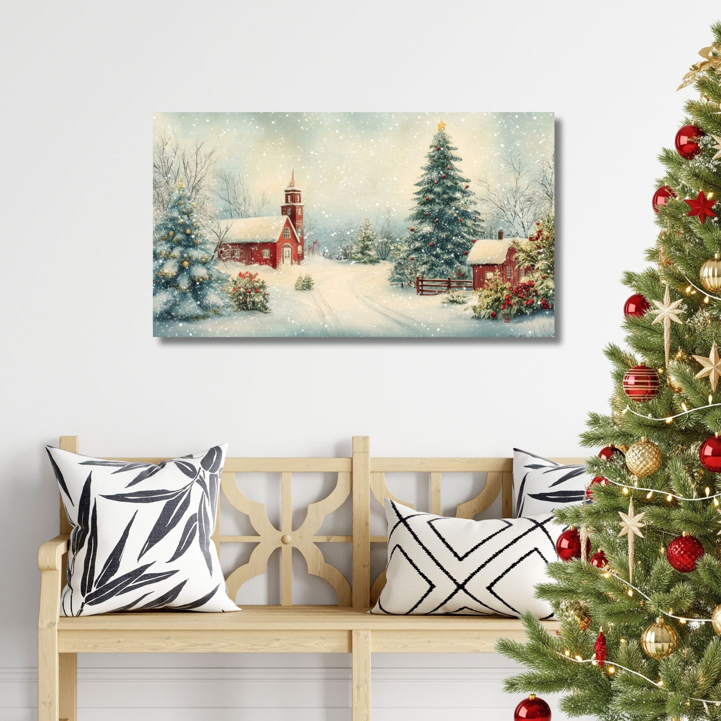 Et stemningsfullt julemotiv med den klassiske røde landsbykirken, omkranset av snødekte grantrær og gyllent lys. Illustrasjonen viser motivet på lerret.