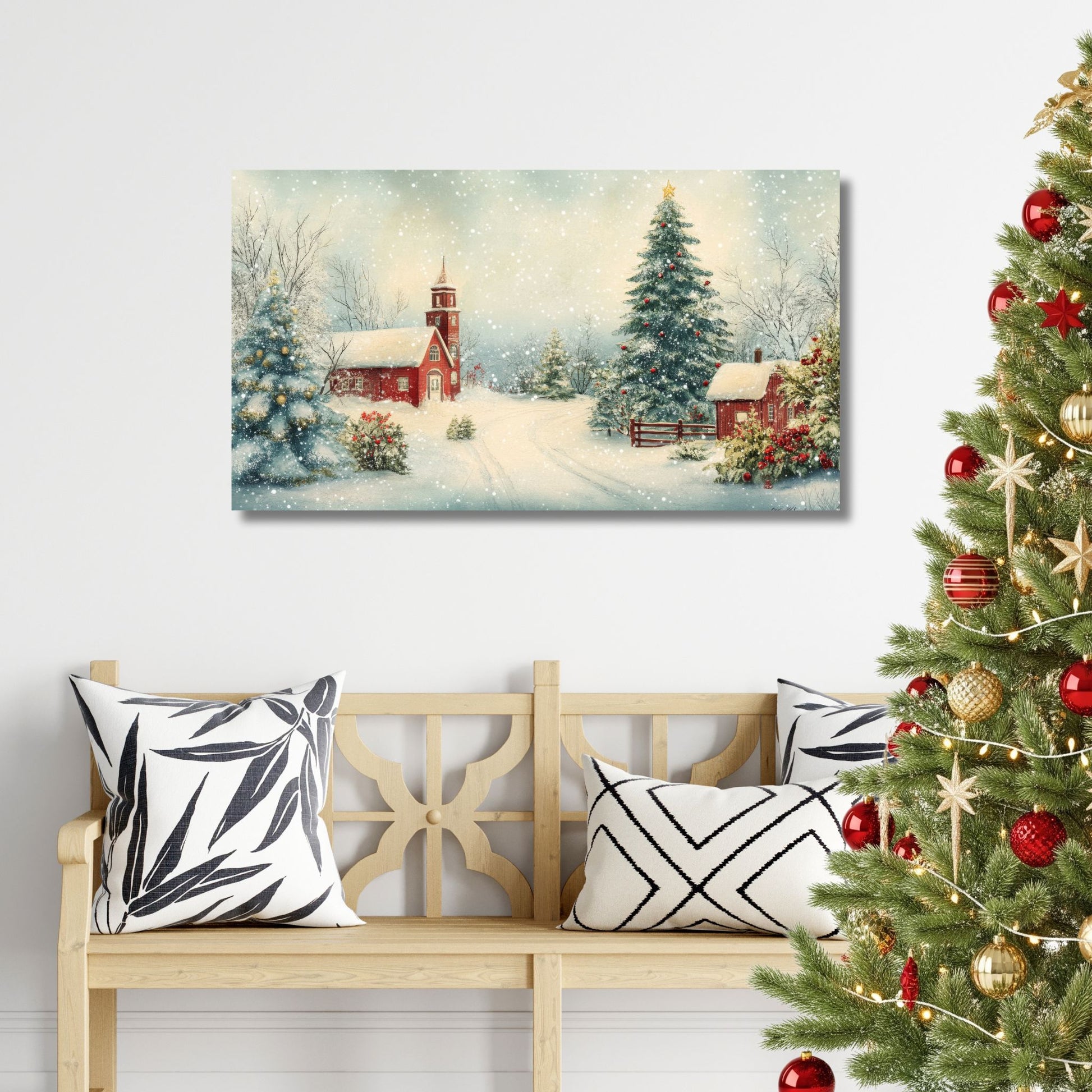 Et stemningsfullt julemotiv med den klassiske røde landsbykirken, omkranset av snødekte grantrær og gyllent lys. Illustrasjonen viser motivet på lerret.