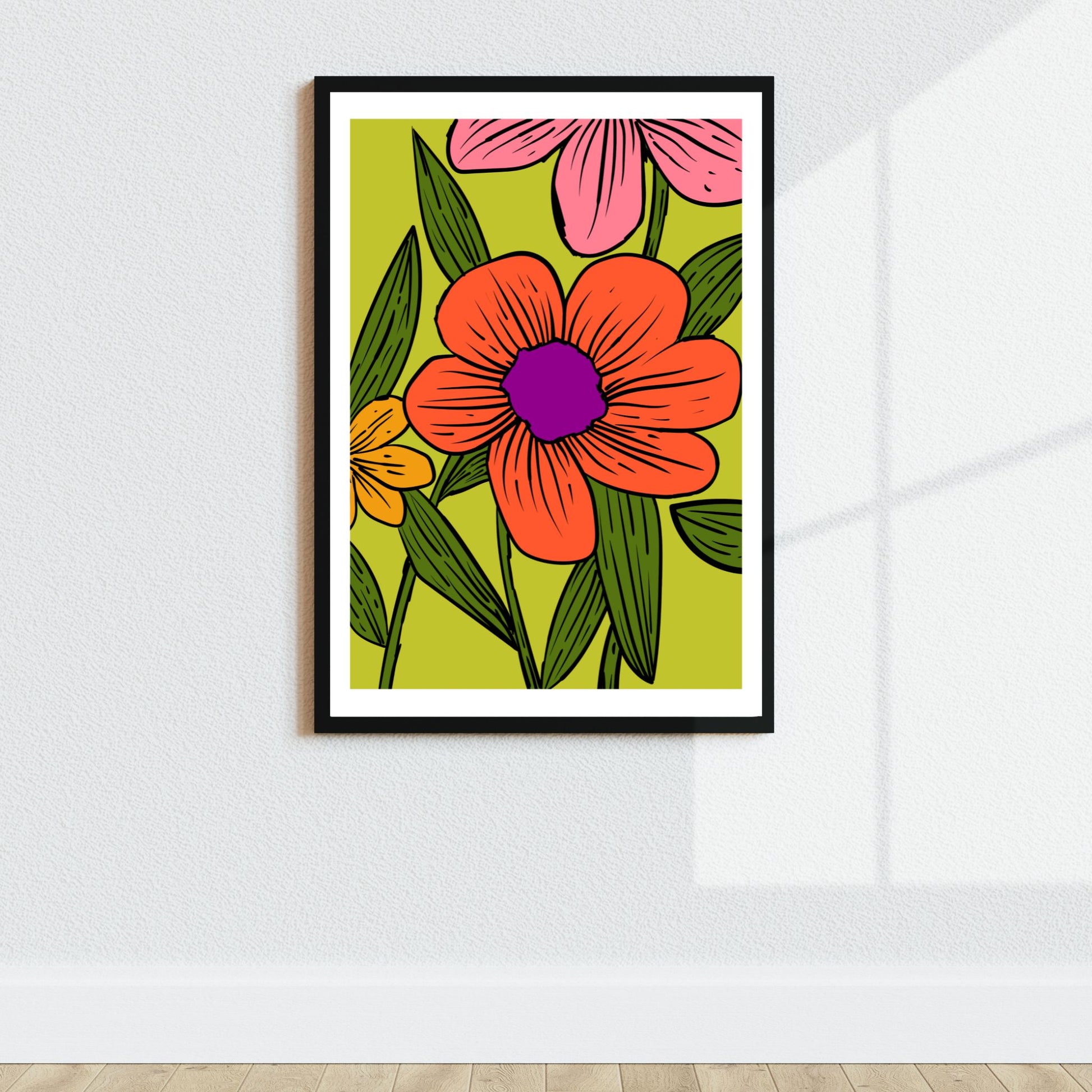 Citrus Pop, en iøynefallende blomsterplakat full av farge og karakter. Sterke oransje, rosa og lilla toner mot en livlige limegrønn bakgrunn. Illustrasjon viser plakat med hvit kant i sort ramme.