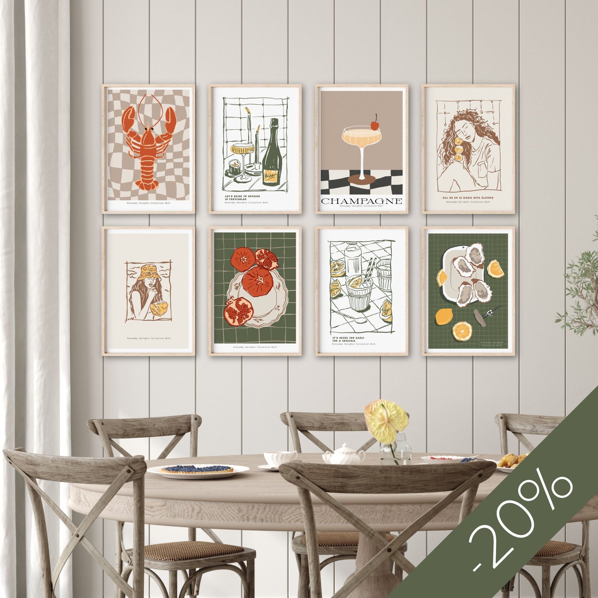 Plakatsett Sweet & Savory fra serien Everyday Delights – 8 grafiske motiver med mat, drikke og hverdagsglede. Perfekt til kjøkken og spiseplass. Kjøp settet og få 20 % rabatt!