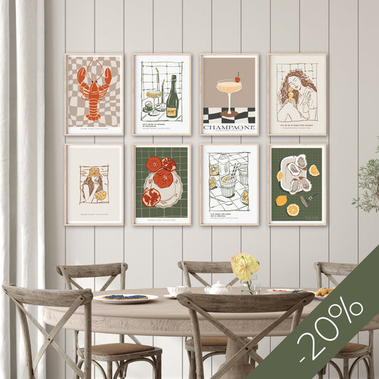Plakatsett Sweet & Savory fra serien Everyday Delights – 8 grafiske motiver med mat, drikke og hverdagsglede. Perfekt til kjøkken og spiseplass. Kjøp settet og få 20 % rabatt!