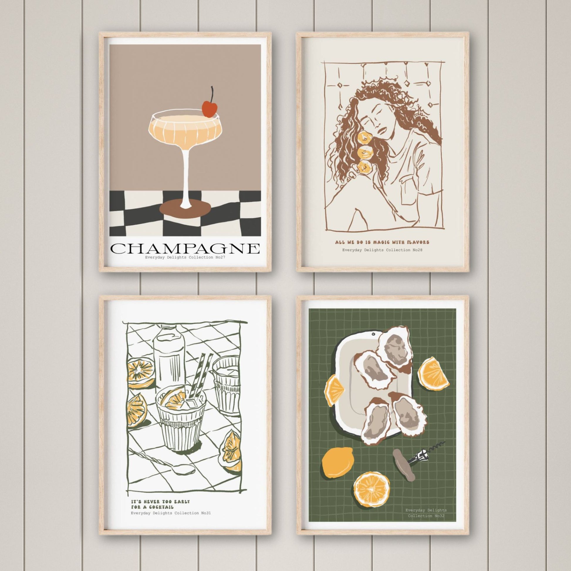 Plakatsett Sweet & Savory fra serien Everyday Delights – 8 grafiske motiver med mat, drikke og hverdagsglede. Perfekt til kjøkken og spiseplass. Kjøp settet og få 20 % rabatt!