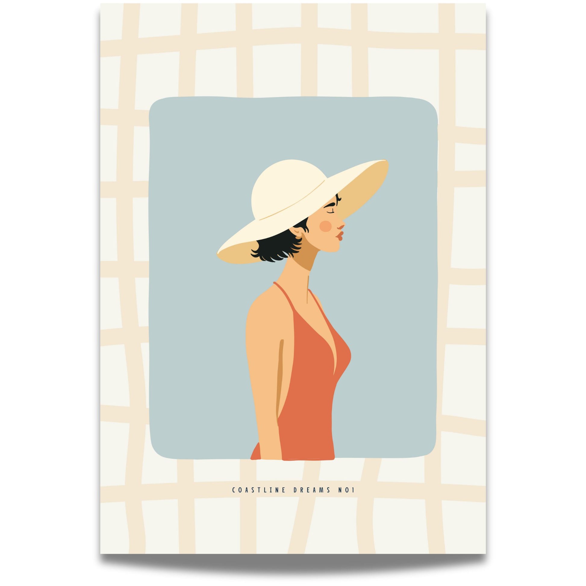 Coastline Dreams No1 – Plakat
Elegant kvinne med solhatt i profil, mot blå bakgrunn og rutet ramme. En rolig og solrik stemning i retro fargepalett.