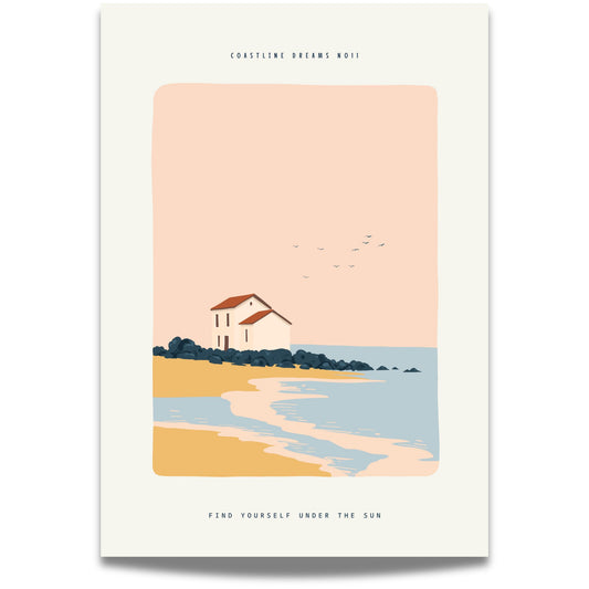 Coastline Dreams No11 – Plakat
Et ensomt hus ved kysten rammes inn av rolig sjø, gyllen sand og ferskenfarget himmel. Teksten "Find yourself under the sun" forsterker den drømmende stemningen.