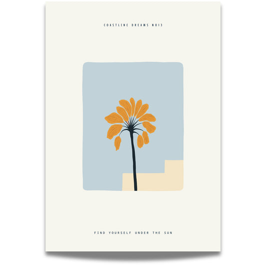 Coastline Dreams No13 – Plakat
En gyllen palme strekker seg mot himmelen over minimalistiske former. En dekorativ og moderne plakat med sommerlig preg.