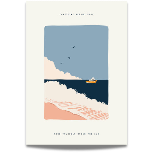 Coastline Dreams No14 – Plakat
Et skip glir mot horisonten mens bølgene ruller inn over stranden. Kontrastene mellom mørkt hav og varme toner skaper liv og bevegelse.