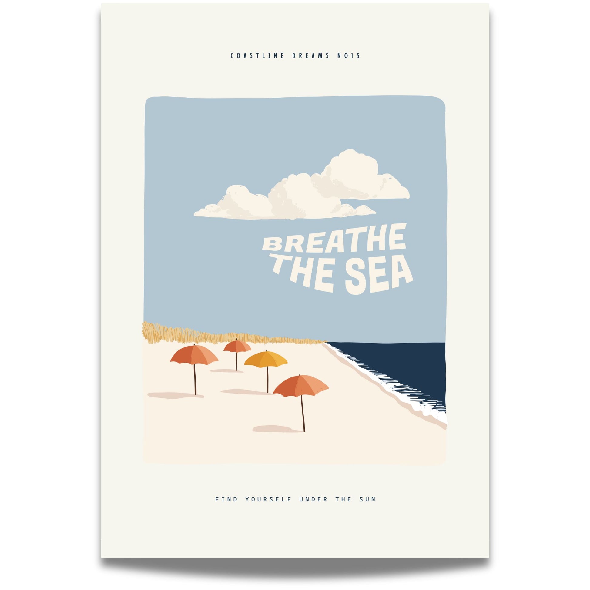 Coastline Dreams No15 – Plakat
En rad med fargerike parasoller langs stranden og teksten "Breathe the sea". En lett og leken plakat som oser av ferie og strandliv.