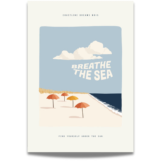 Coastline Dreams No15 – Plakat
En rad med fargerike parasoller langs stranden og teksten "Breathe the sea". En lett og leken plakat som oser av ferie og strandliv.