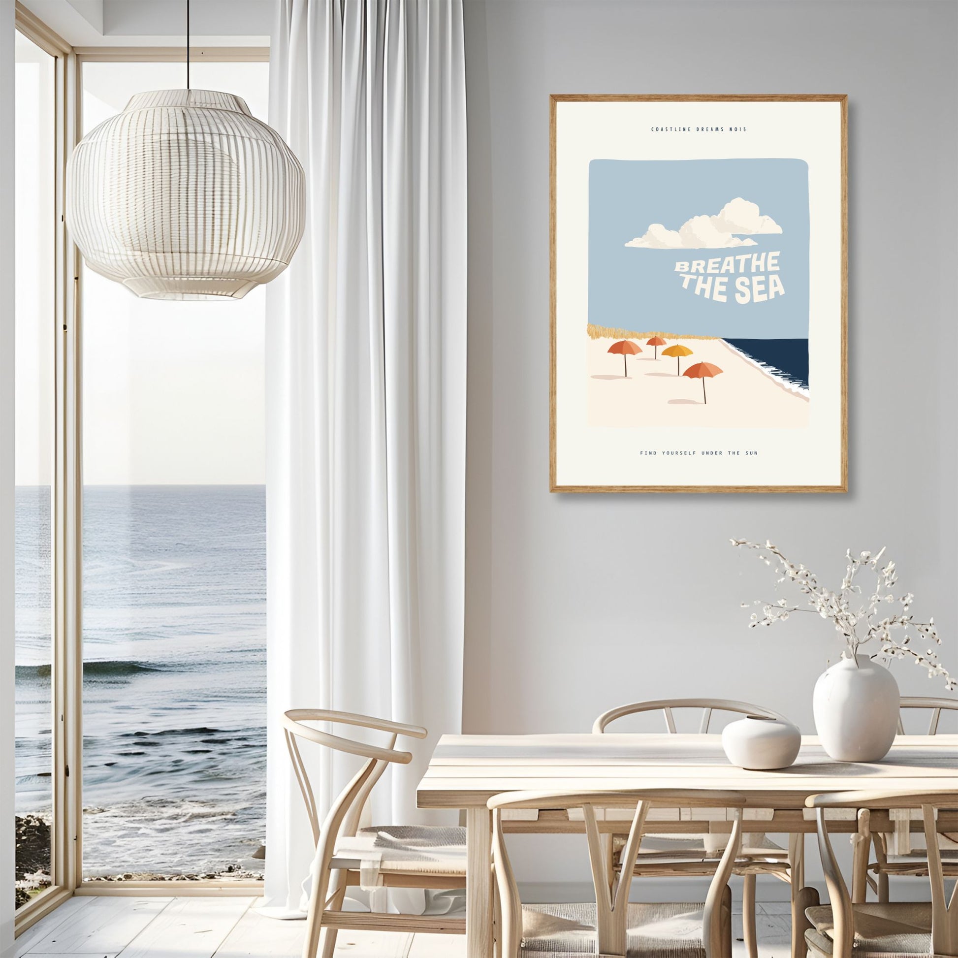 Coastline Dreams No15 – Plakat
En rad med fargerike parasoller langs stranden og teksten "Breathe the sea". En lett og leken plakat som oser av ferie og strandliv. Illustrasjon viser plakat i eik ramme.