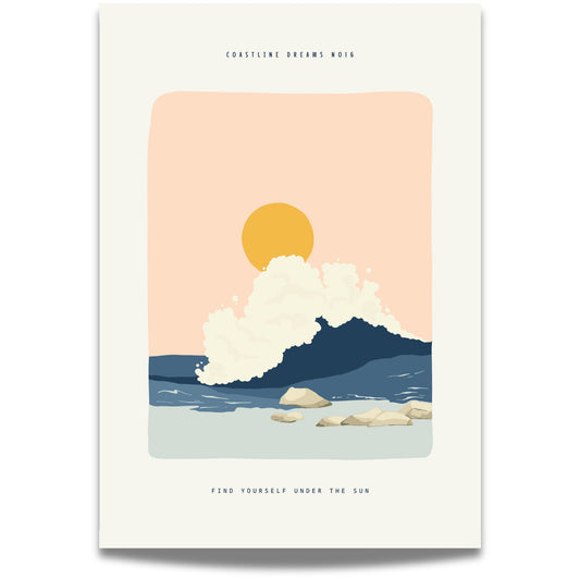 Coastline Dreams No16 – Plakat
Store bølger bryter mot steinene i solnedgangen. En dramatisk og samtidig fredelig komposisjon med tekst: Find yourself under the sun.