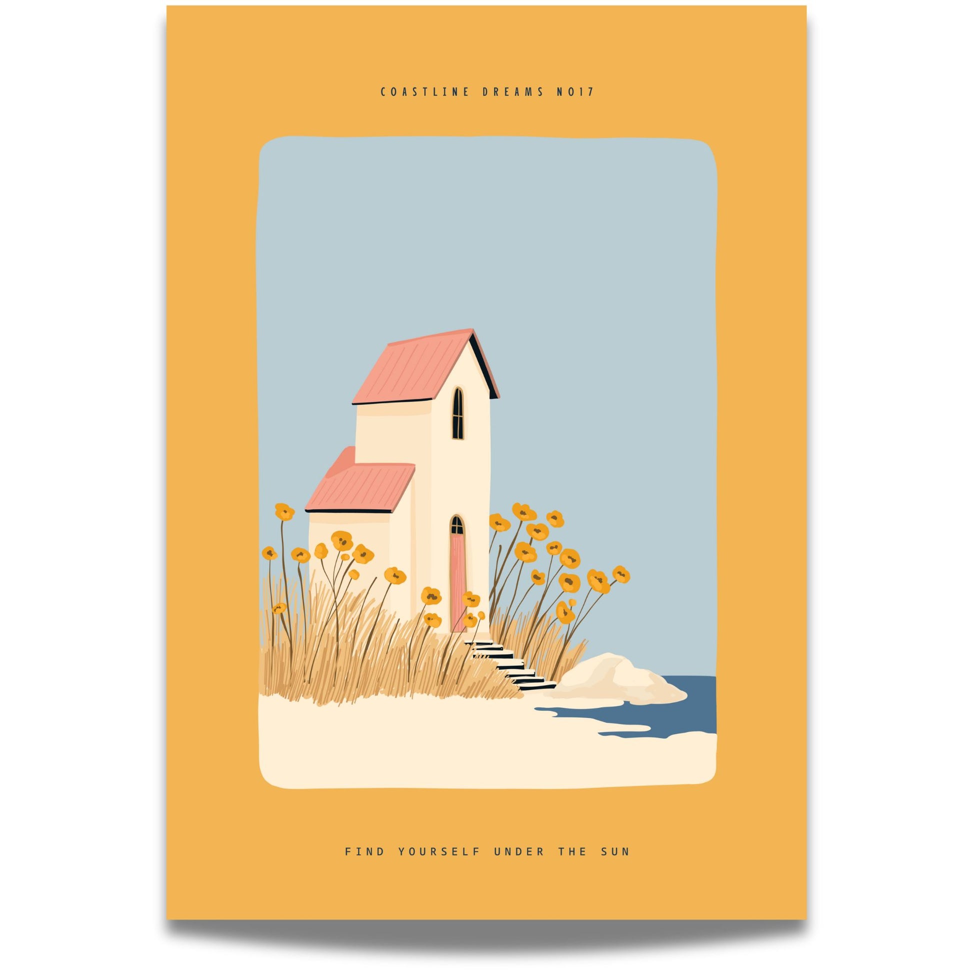 Coastline Dreams No17 – Plakat
Et høyt hus med rosa tak står omgitt av blomster og strandgress. Et svalt og nostalgisk motiv med kystens botanikk i sentrum.