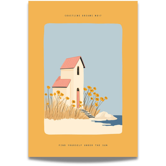Coastline Dreams No17 – Plakat
Et høyt hus med rosa tak står omgitt av blomster og strandgress. Et svalt og nostalgisk motiv med kystens botanikk i sentrum.