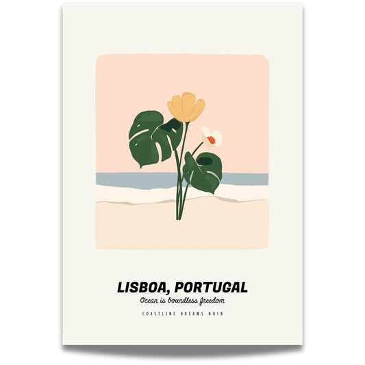 Coastline Dreams No18 – Plakat
Et minimalistisk og botanisk strandmotiv med teksten Lisboa, Portugal og Ocean is boundless freedom. Et tropisk pust i retrostil.