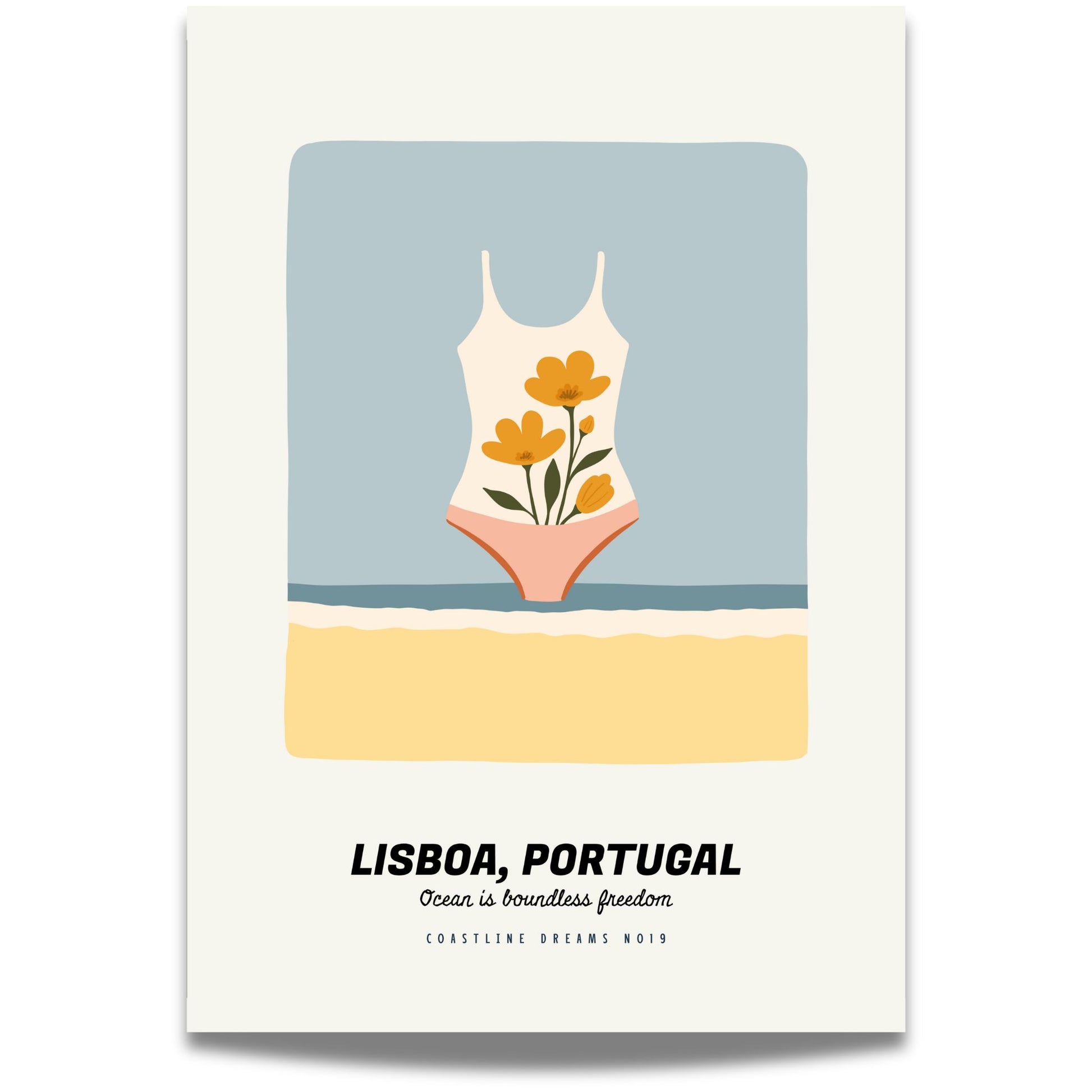 Coastline Dreams No19 – Plakat
En badedrakt dekorert med blomster står som sommerens symbol mot havet i bakgrunnen. Enkel, leken og feminin.