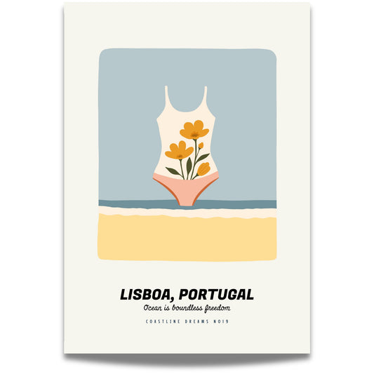 Coastline Dreams No19 – Plakat
En badedrakt dekorert med blomster står som sommerens symbol mot havet i bakgrunnen. Enkel, leken og feminin.