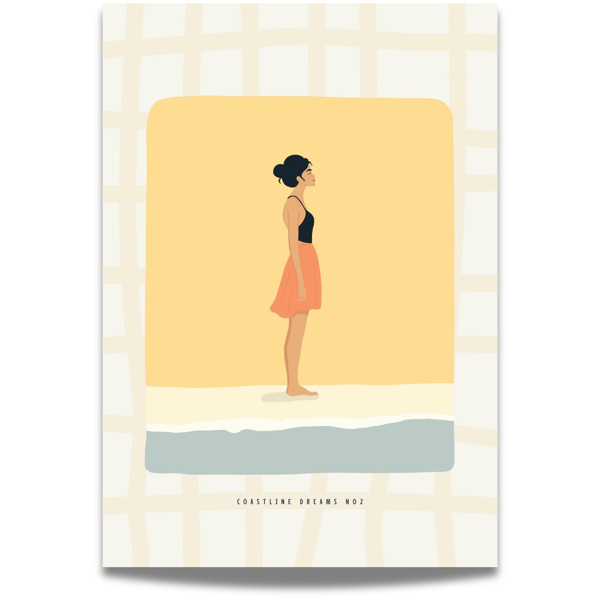 Coastline Dreams No2 – Plakat
Sommerlett og avslappet, en kvinne i skjørt står barfot i strandkanten – badet i varm solgul glød.