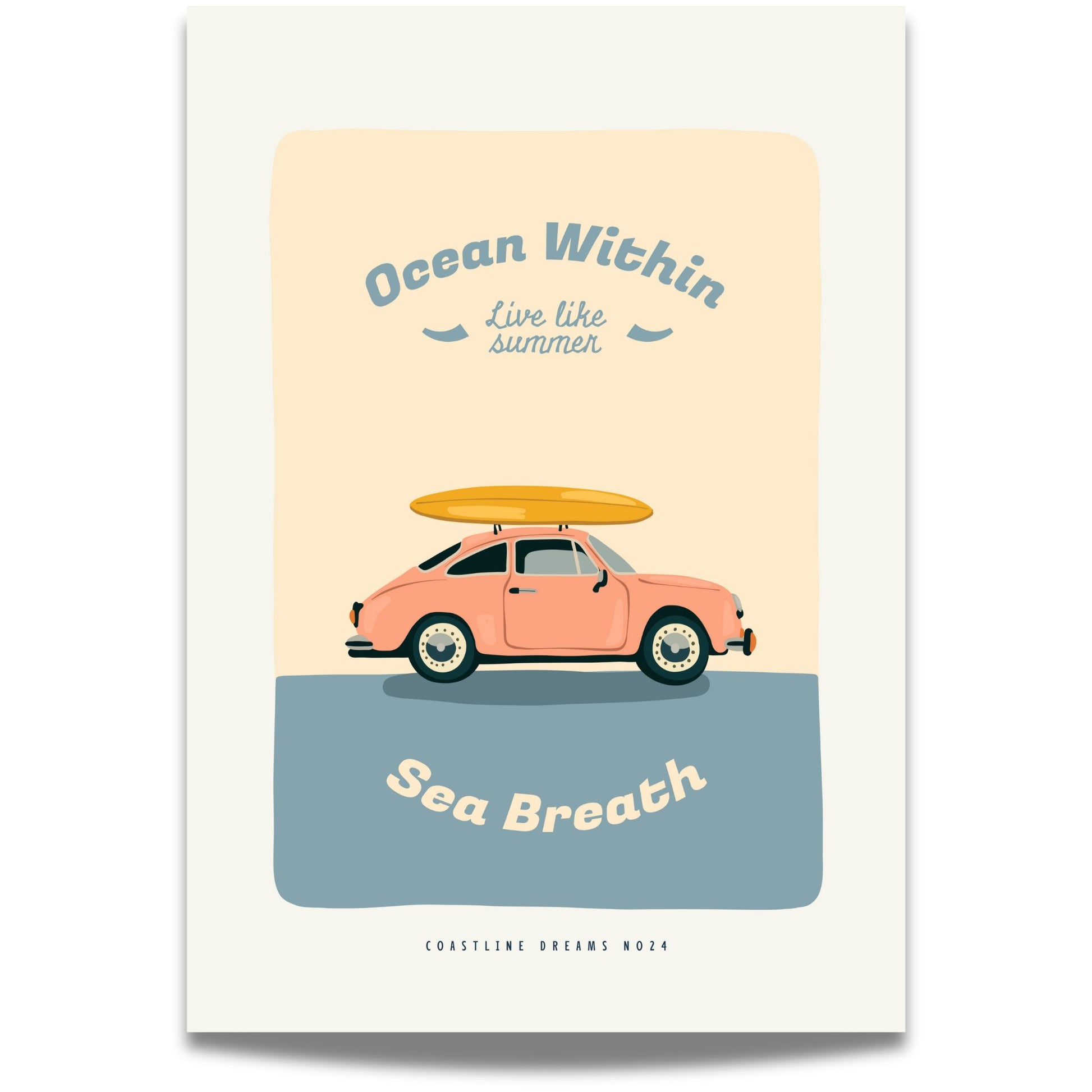 Coastline Dreams No24 – Plakat
Retro bil med surfebrett på taket og teksten Ocean Within – Live like summer – Sea Breath. Et lekent og nostalgisk motiv for den evige sommerdrømmeren.