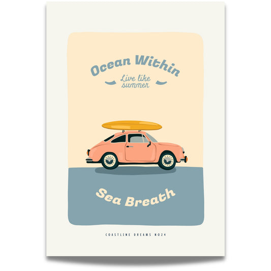 Coastline Dreams No24 – Plakat
Retro bil med surfebrett på taket og teksten Ocean Within – Live like summer – Sea Breath. Et lekent og nostalgisk motiv for den evige sommerdrømmeren.
