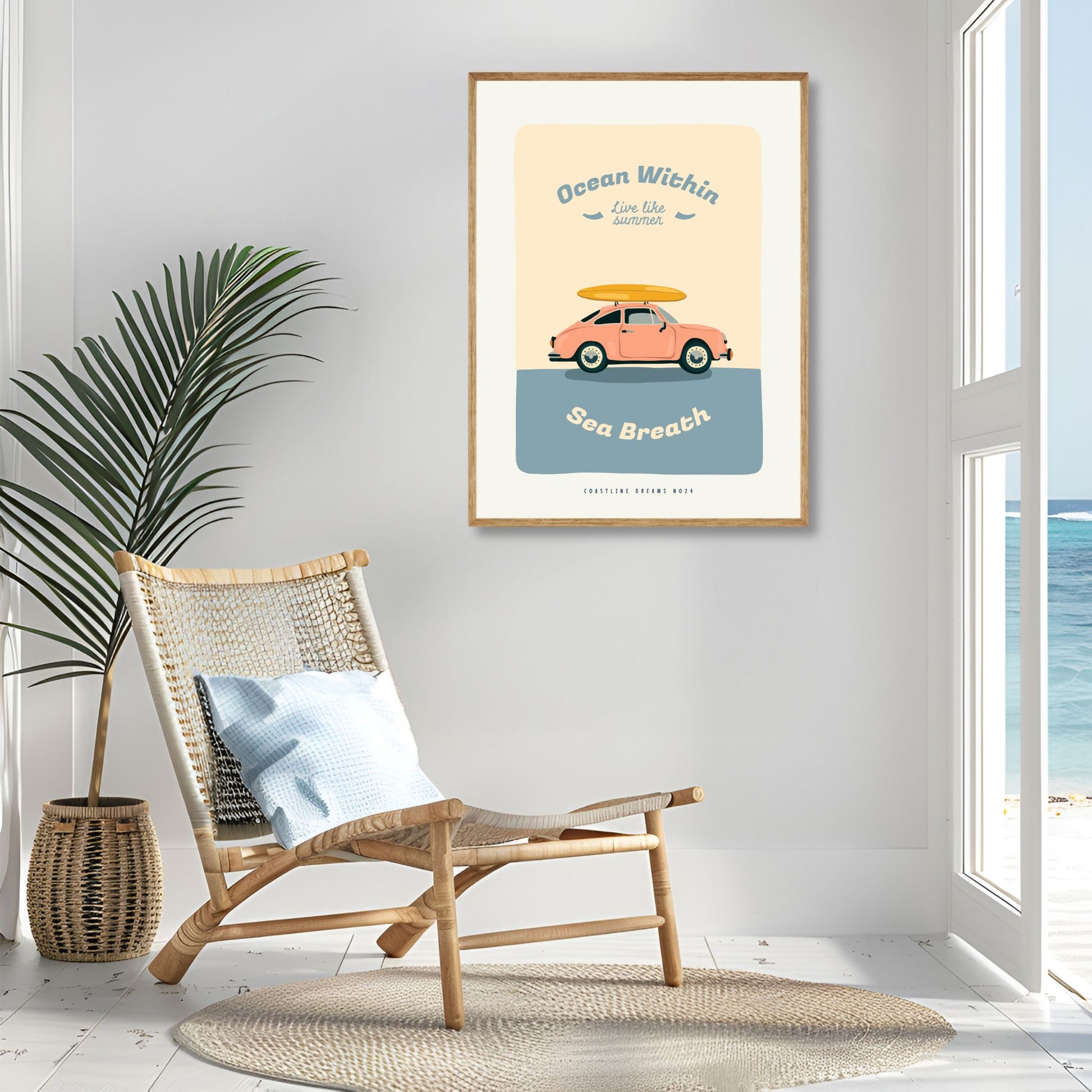 Coastline Dreams No24 – Plakat
Retro bil med surfebrett på taket og teksten Ocean Within – Live like summer – Sea Breath. Et lekent og nostalgisk motiv for den evige sommerdrømmeren. Illustrasjon viser plakat i eik ramme.