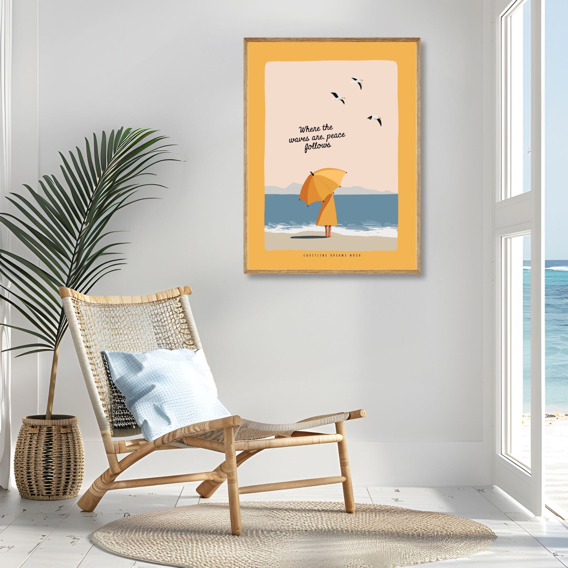 Coastline Dreams No26 – Plakat
En kvinne med paraply står barfot i strandkanten under teksten "Where the waves are, peace follows". En stille hyllest til ro og kystliv. Illustrasjon viser plakat i eik ramme.