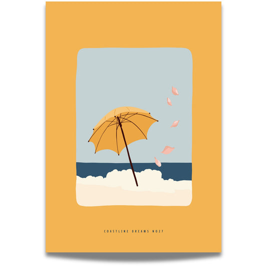 Coastline Dreams No27 – Plakat
En strandparasoll vaier i brisen mens rosa blader danser i luften. Et poetisk og drømmende strandmotiv i varme nyanser.