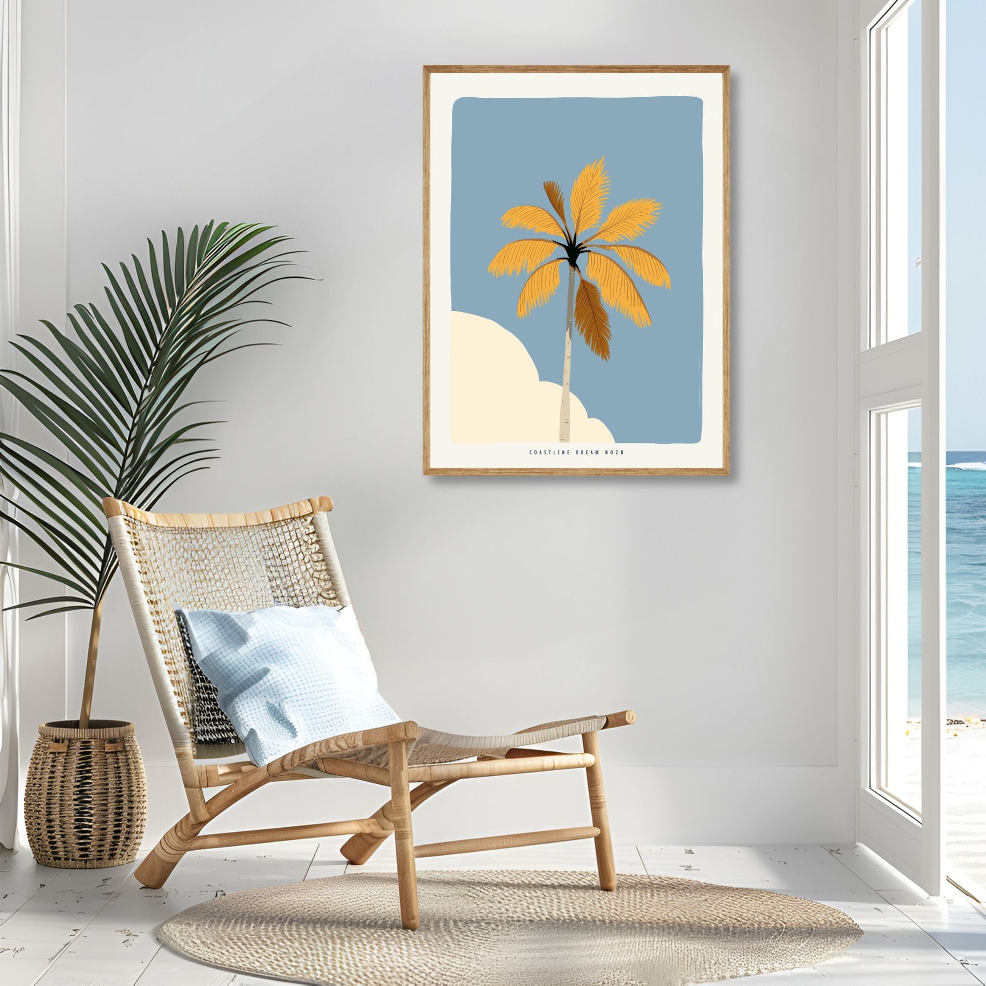 Coastline Dreams No28 – Plakat
En høy palme strekker seg mot blå himmel. Et stilrent motiv med tropisk stemning og sommerlig fargespill. Illustrasjon viser plakat i eik ramme.