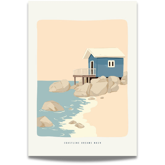 Coastline Dreams No29 – Plakat
Et blått naust på påler står blant steiner og havskvulp. Et kystnært motiv med arkitektonisk preg og rolig fargepalett.