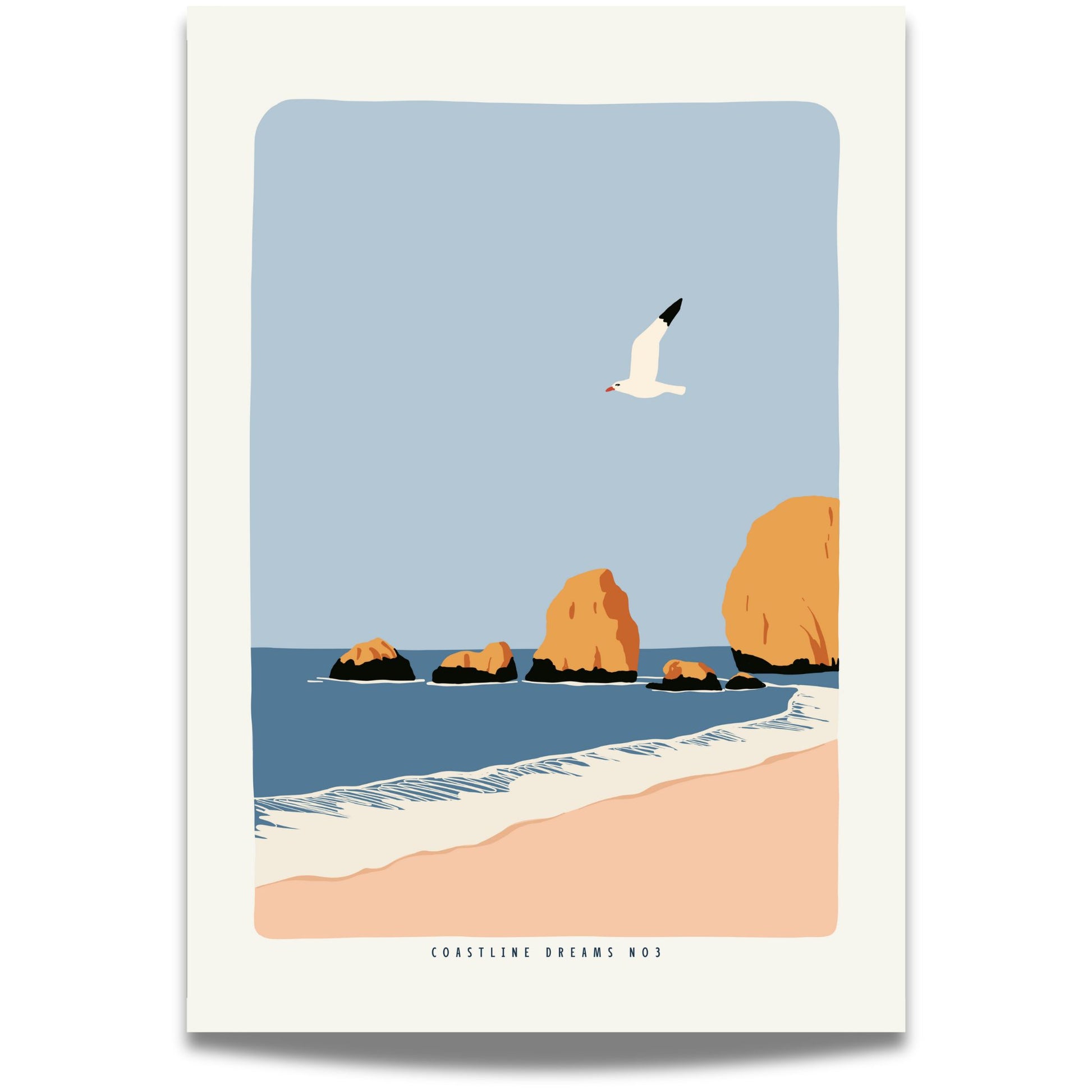 Coastline Dreams No3 – Plakat
Kystlandskap med hav, klipper og måke i flukt. En hyllest til naturens enkelhet og frihetens ro.