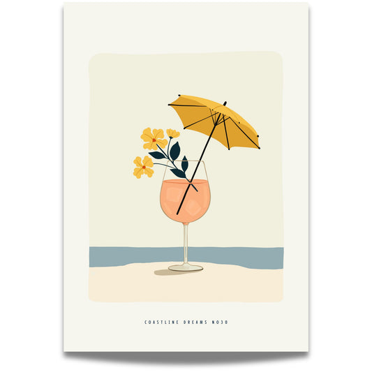 Coastline Dreams No30 – Plakat
Et glass med ferskenfarget drikke, pyntet med blomster og parasoll, står ved vannkanten. Et lekent og dekorativt motiv med smak av sommer.