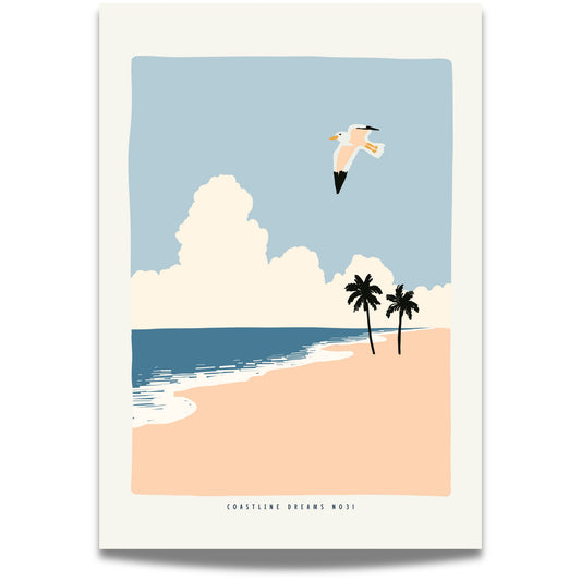 Coastline Dreams No31 – Plakat
En måke svever over en strand med palmer og skyer i horisonten. Et tropisk og luftig motiv som fanger følelsen av frihet.