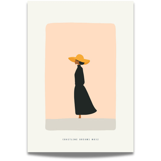 Coastline Dreams No32 – Plakat
Kvinne i sort kjole og gul solhatt mot en rolig, ferskenfarget bakgrunn. Et elegant og stilrent strandmotiv med minimalistisk uttrykk.