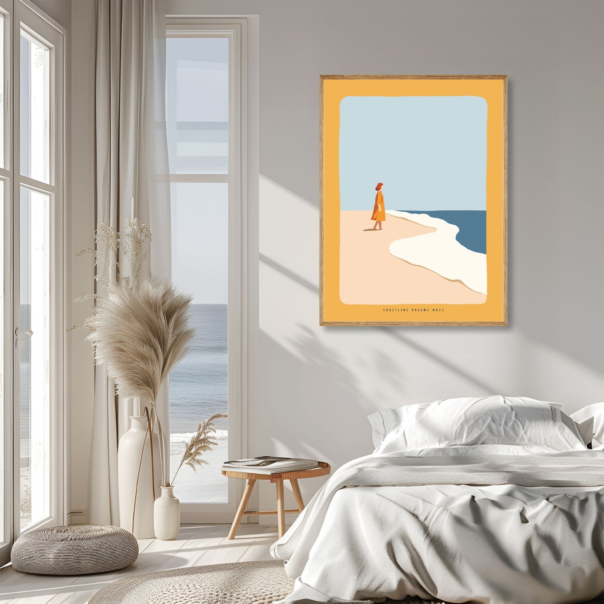 Coastline Dreams No33 – Plakat
En kvinne i varm gyllen kjole går langs stranden. Et rolig og avbalansert motiv i duse farger og med fokus på stillhet og bevegelse. Illustrasjon viser plakat i eik ramme.