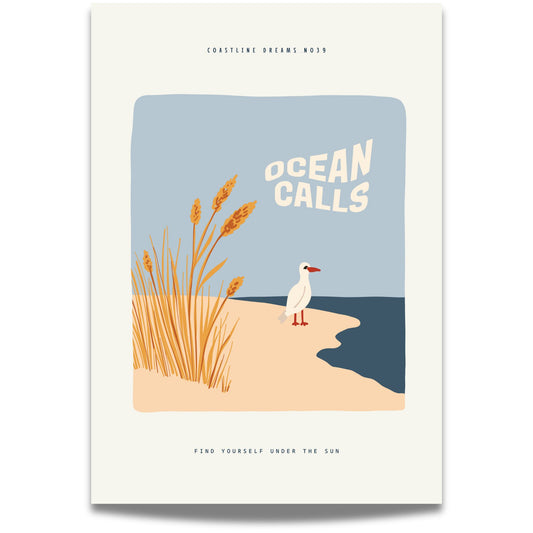Coastline Dreams No39 – Plakat
En måke står vendt mot havet ved strandgress og teksten "Ocean Calls". Et rolig og symbolsk motiv med maritim sjel.