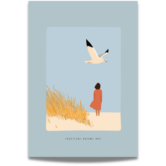Coastline Dreams No4 – Plakat
En kvinne i rød kjole ser ut over havet, omgitt av siv og måker – et stille øyeblikk fanget i pastelltoner.