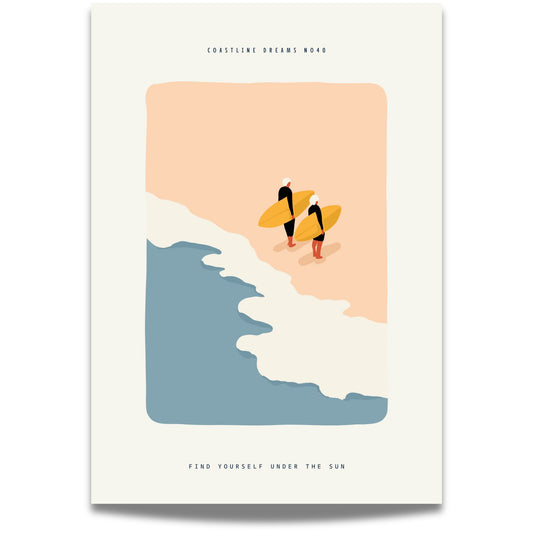Coastline Dreams No40 – Plakat
To surfere med brett står klare ved vannkanten. Et rent og moderne motiv som hyller friheten i bølgene.