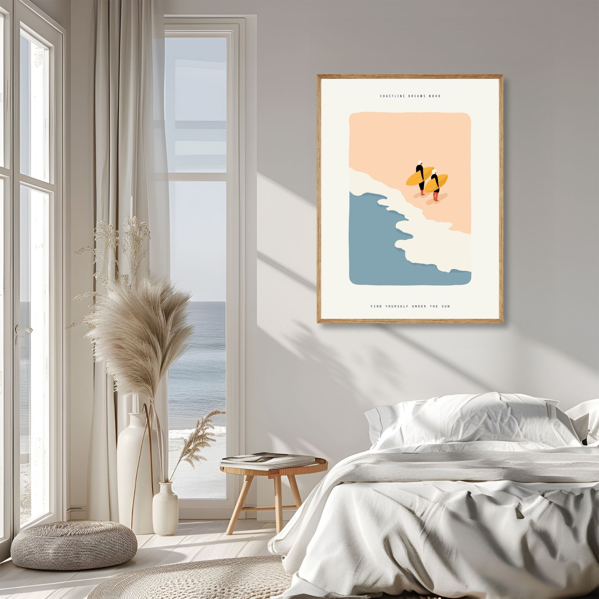 Coastline Dreams No40 – Plakat
To surfere med brett står klare ved vannkanten. Et rent og moderne motiv som hyller friheten i bølgene. Illustrasjon viser plakat i eik ramme.