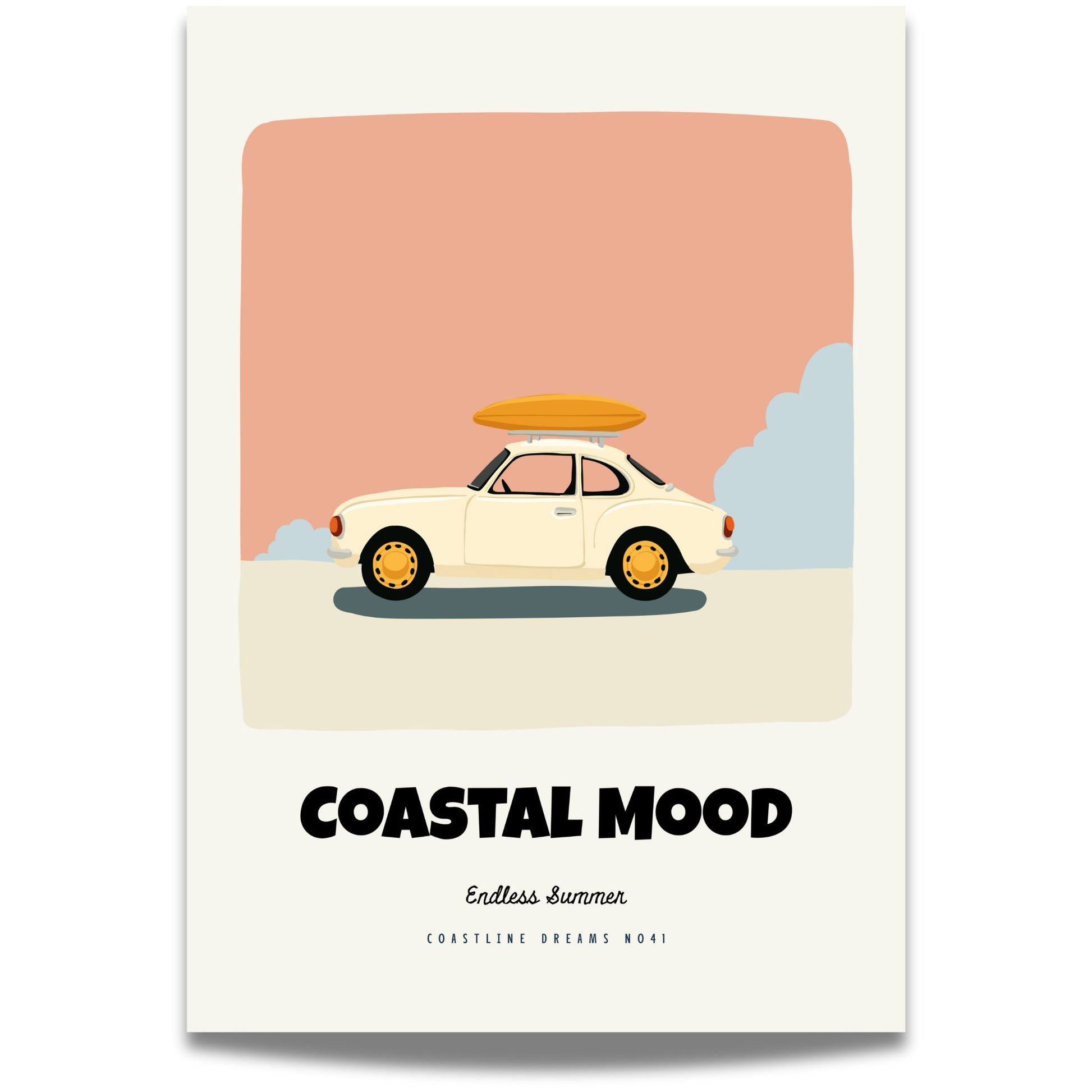 Coastline Dreams No41 – Plakat
En klassisk bil med surfebrett på taket står parkert under teksten Coastal Mood – Endless Summer. Et retroinspirert motiv for deg som elsker sommerens frihet.