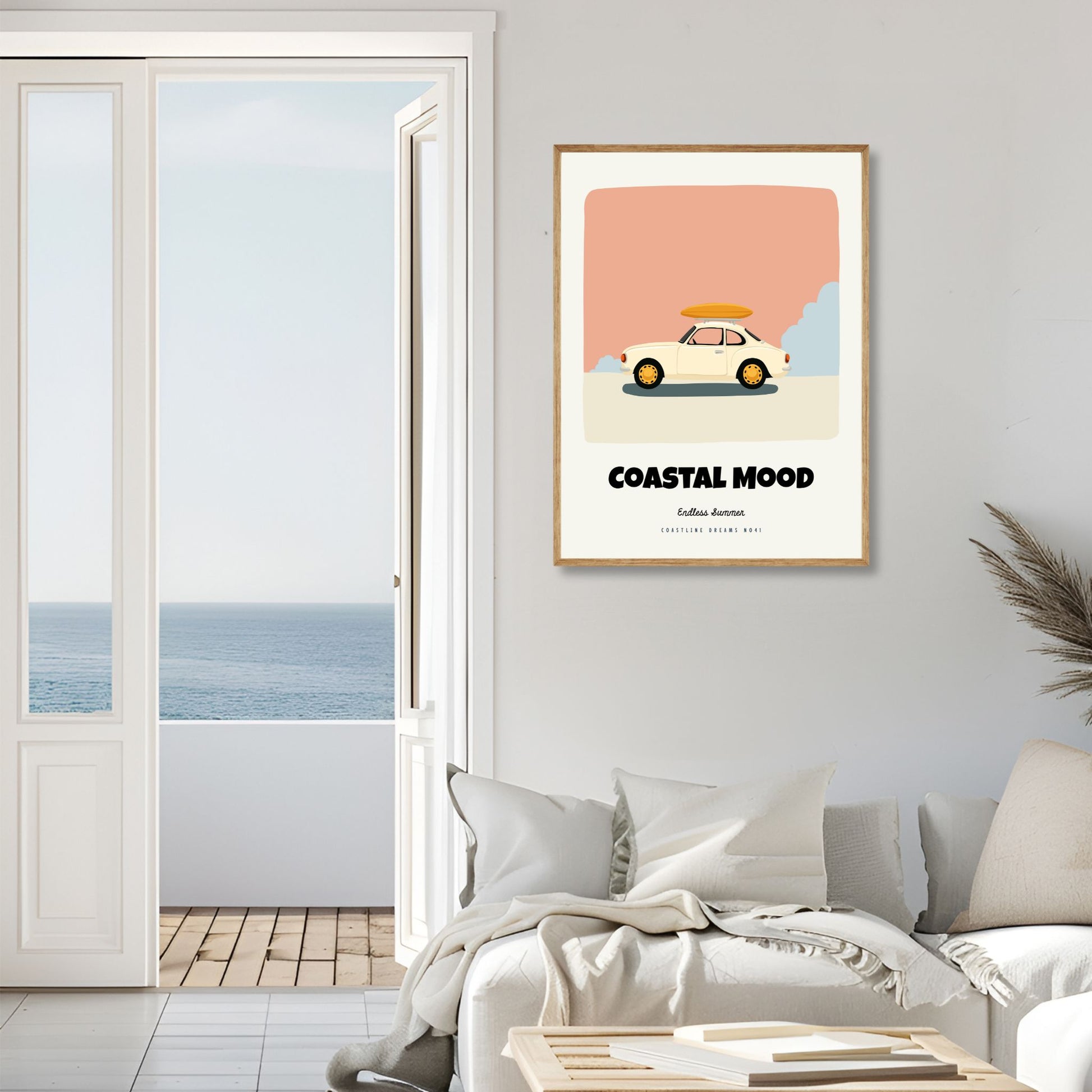 Coastline Dreams No41 – Plakat
En klassisk bil med surfebrett på taket står parkert under teksten Coastal Mood – Endless Summer. Et retroinspirert motiv for deg som elsker sommerens frihet. Illustrasjon viser plakat i eik ramme.