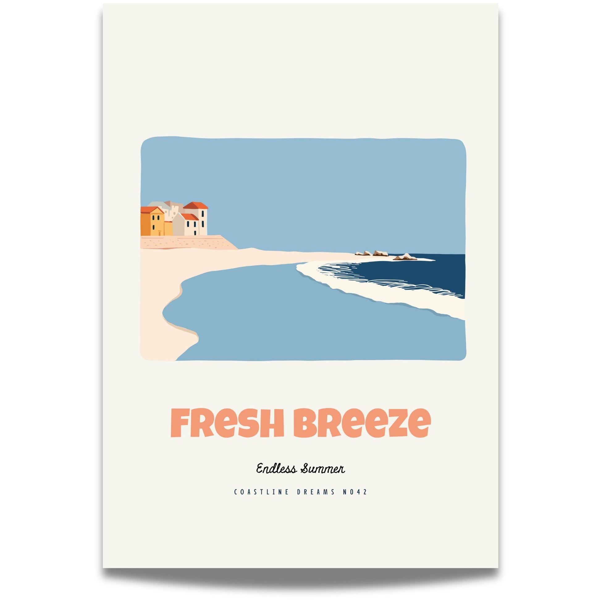 Coastline Dreams No42 – Plakat
Bølger ruller inn mot kysten ved en liten landsby med varme pastellfarger. Teksten Fresh Breeze gir motivet en lett og sval stemning.