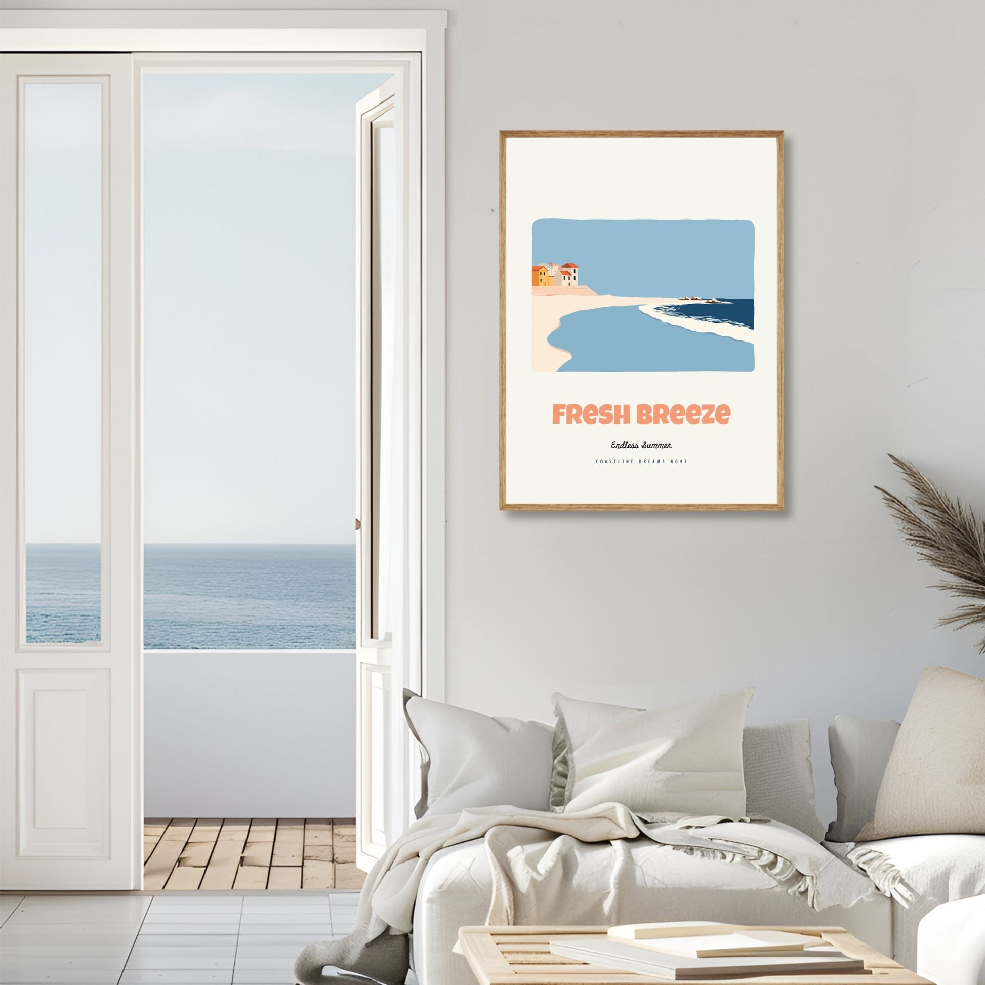 Coastline Dreams No42 – Plakat
Bølger ruller inn mot kysten ved en liten landsby med varme pastellfarger. Teksten Fresh Breeze gir motivet en lett og sval stemning. Illustrasjon viser plakat i eik ramme.